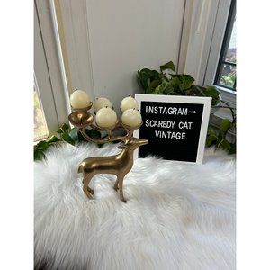 Vintage Christmas brass reindeer candle holder holiday gold round ball